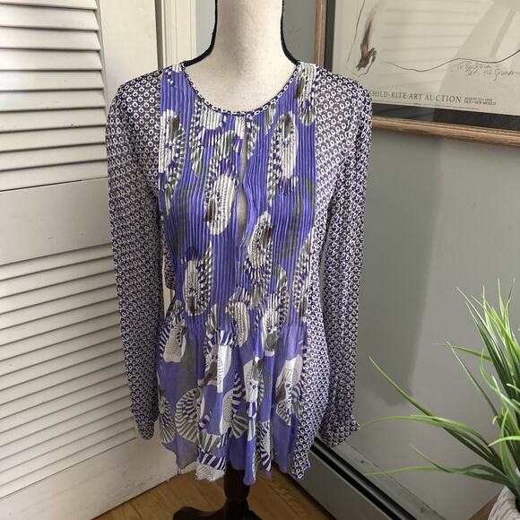 ANTIK BATIK Blouse Womens Small 38 Purple Sheer Silk Artsy Bohemian Print Tunic - Picture 2 of 9